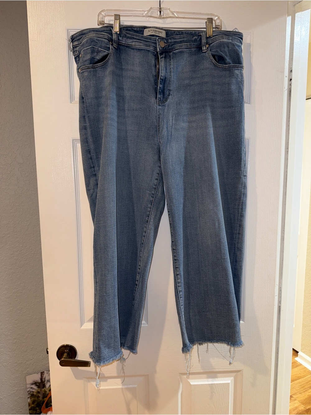 Liverpool Denim Cropped Frayed-Hem Jeans in Light Blue